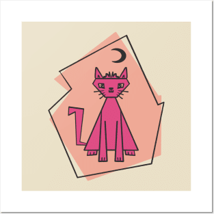 Geometric shape deep pink cut cat with black half moon Posters and Art